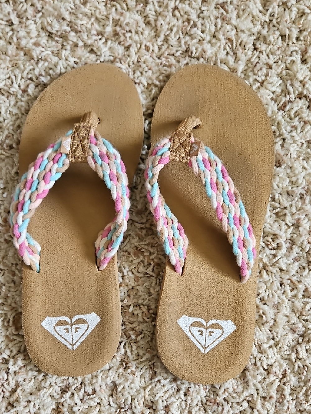 Roxy Braided Pastel Pink Blue Tan Flip Flops
